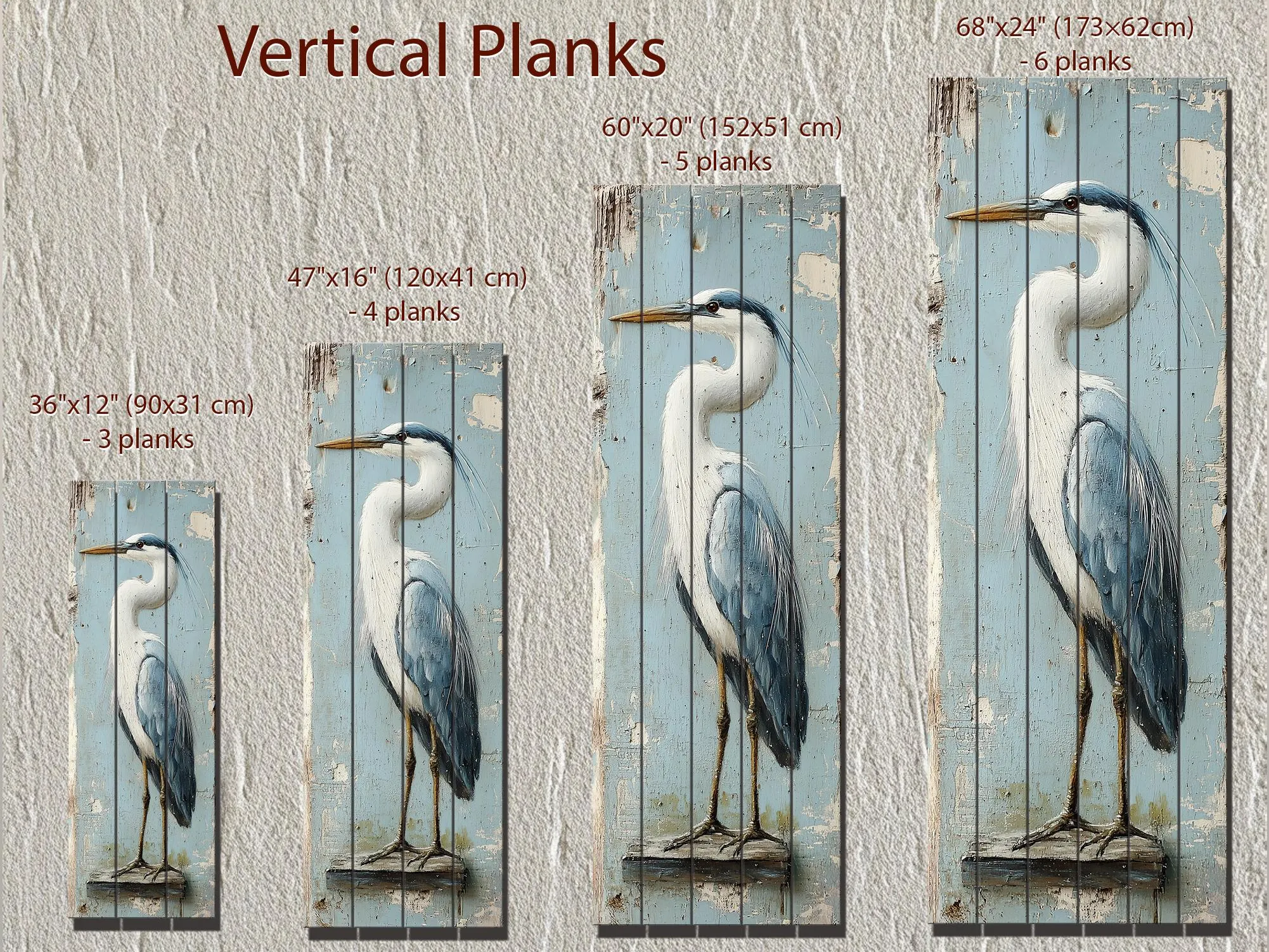 Tall Narrow Blue Heron Real Wood Wall Art