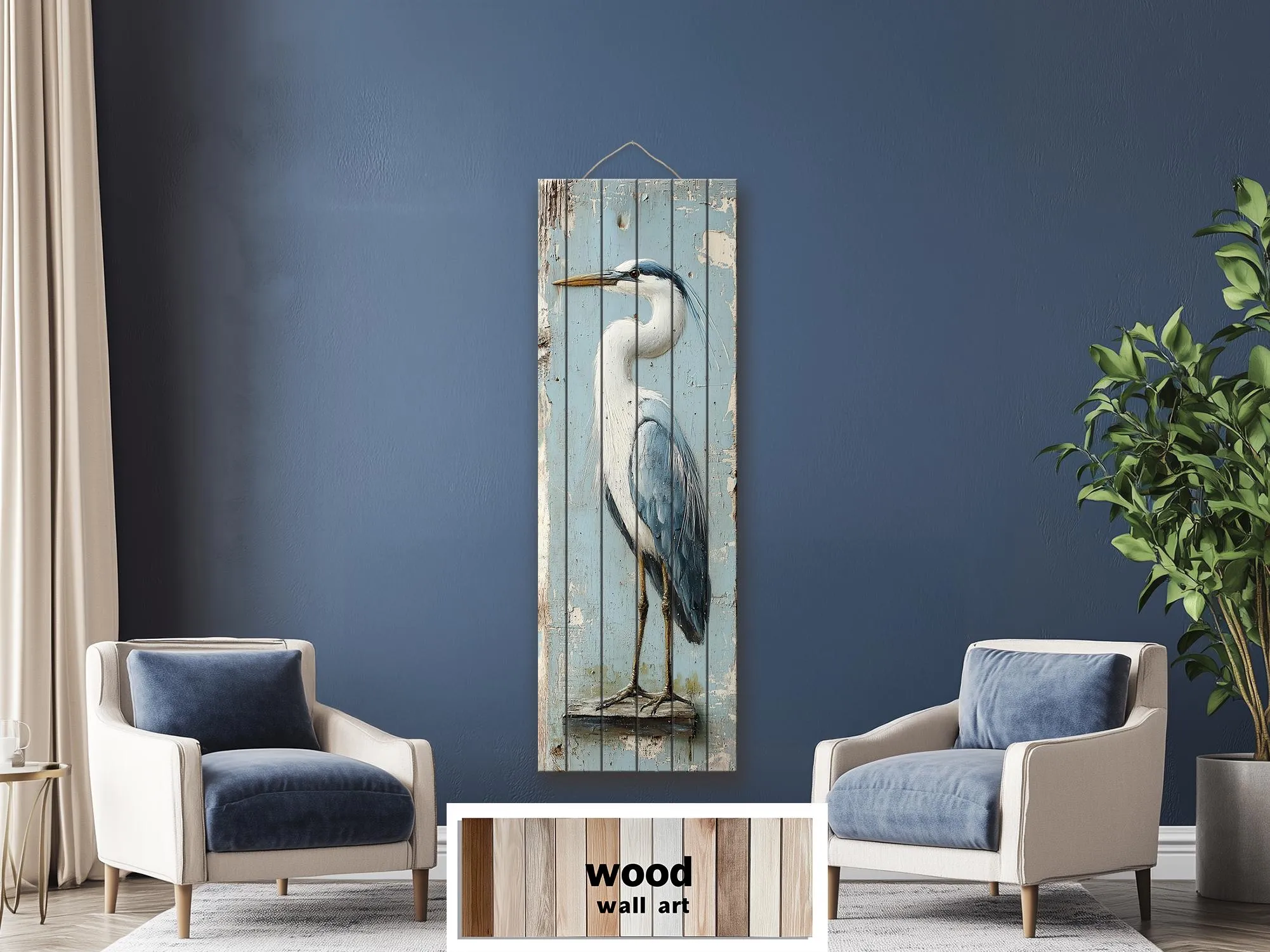 Tall Narrow Blue Heron Real Wood Wall Art