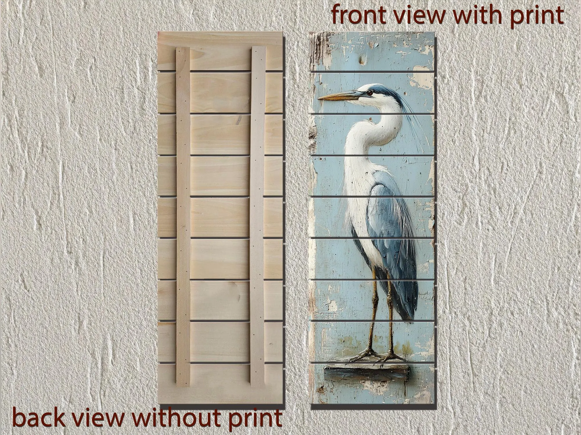 Tall Narrow Blue Heron Real Wood Wall Art