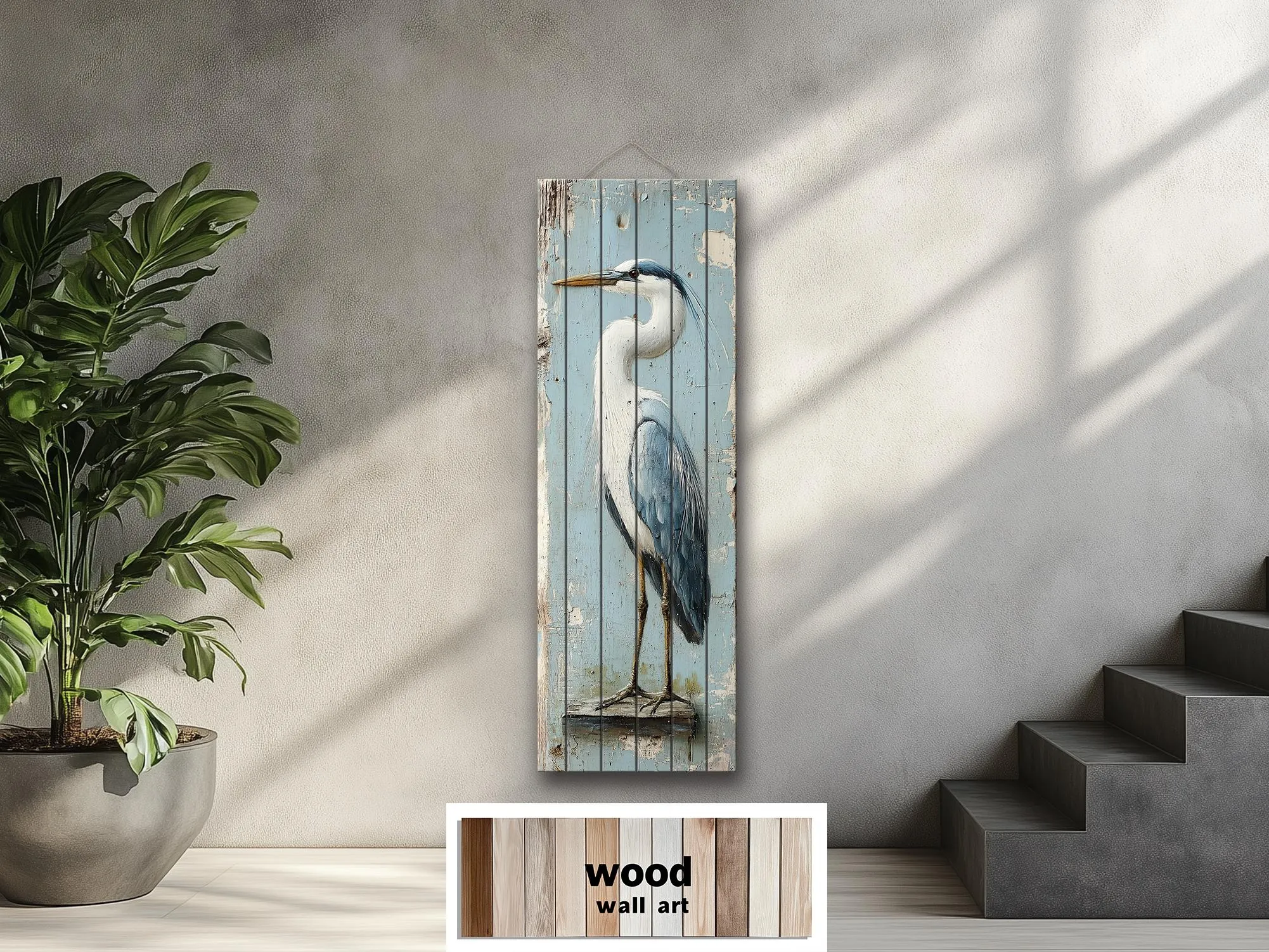 Tall Narrow Blue Heron Real Wood Wall Art