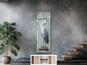 Tall Narrow Blue Heron Real Wood Wall Art