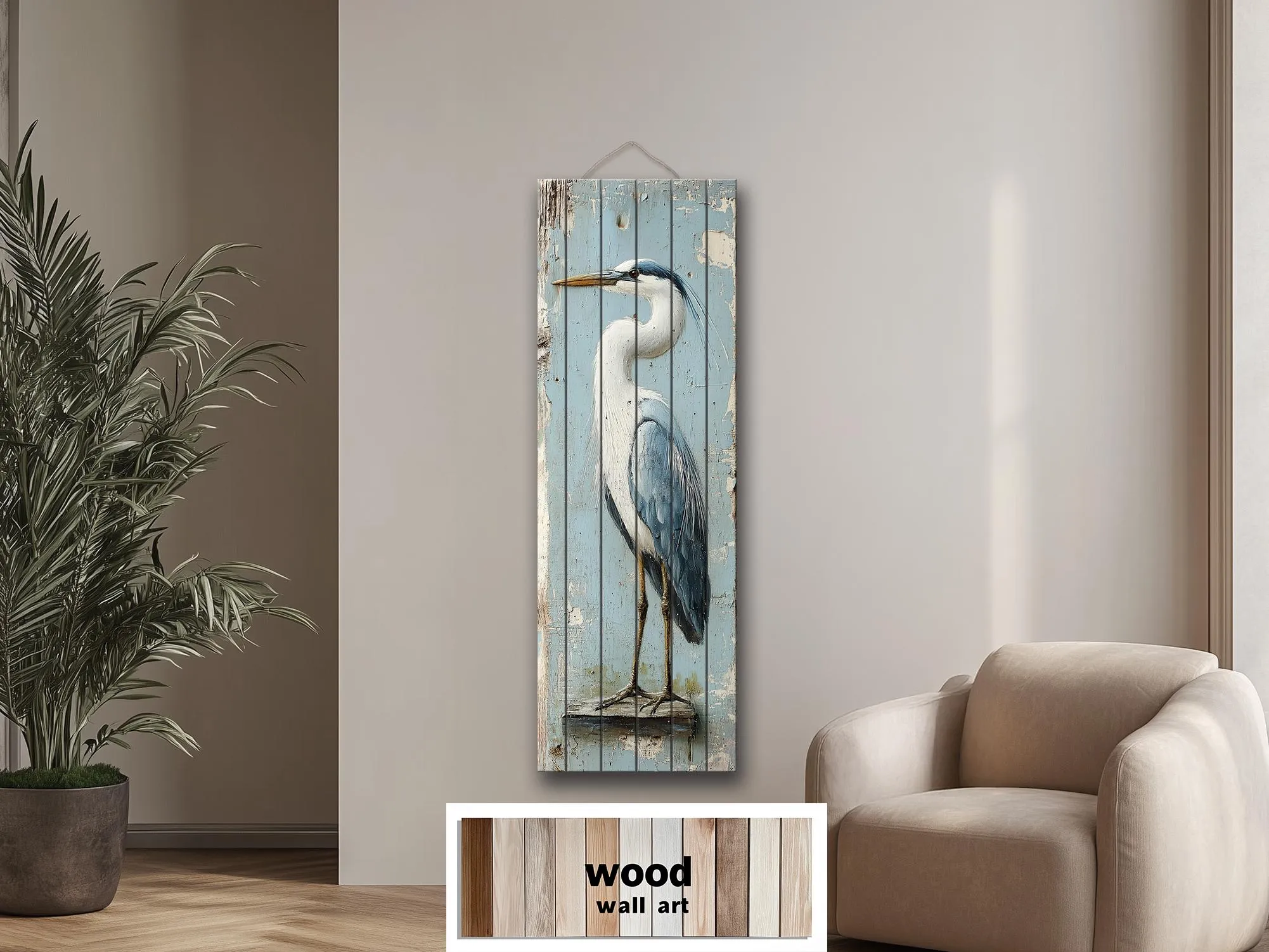 Tall Narrow Blue Heron Real Wood Wall Art
