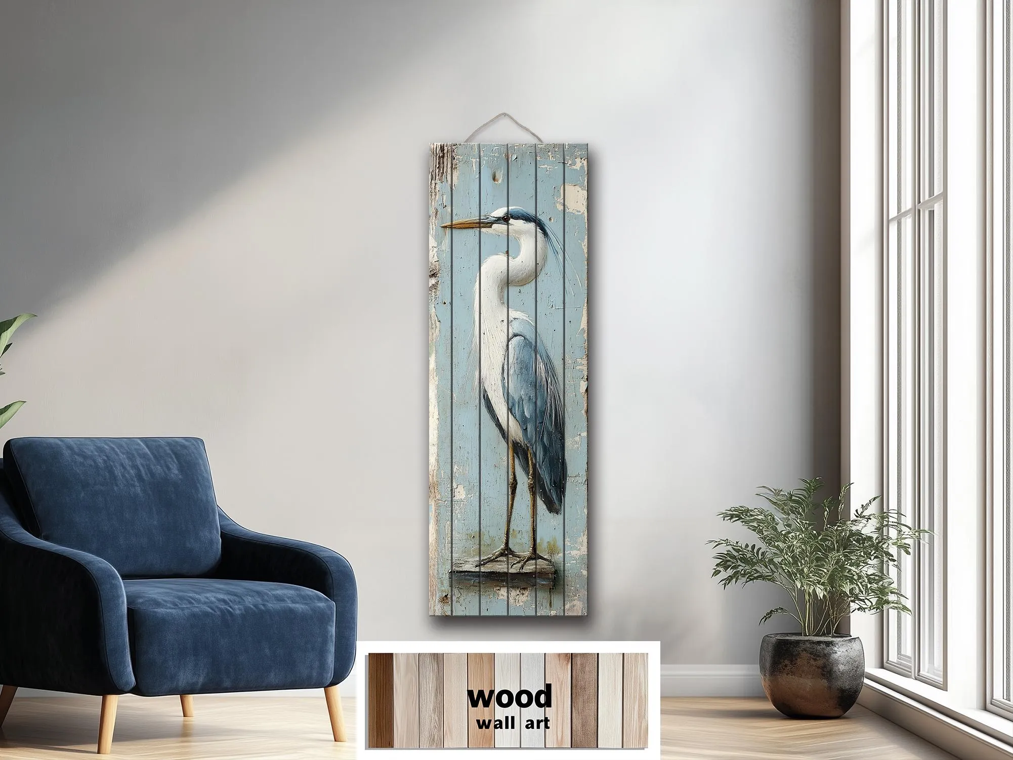 Tall Narrow Blue Heron Real Wood Wall Art