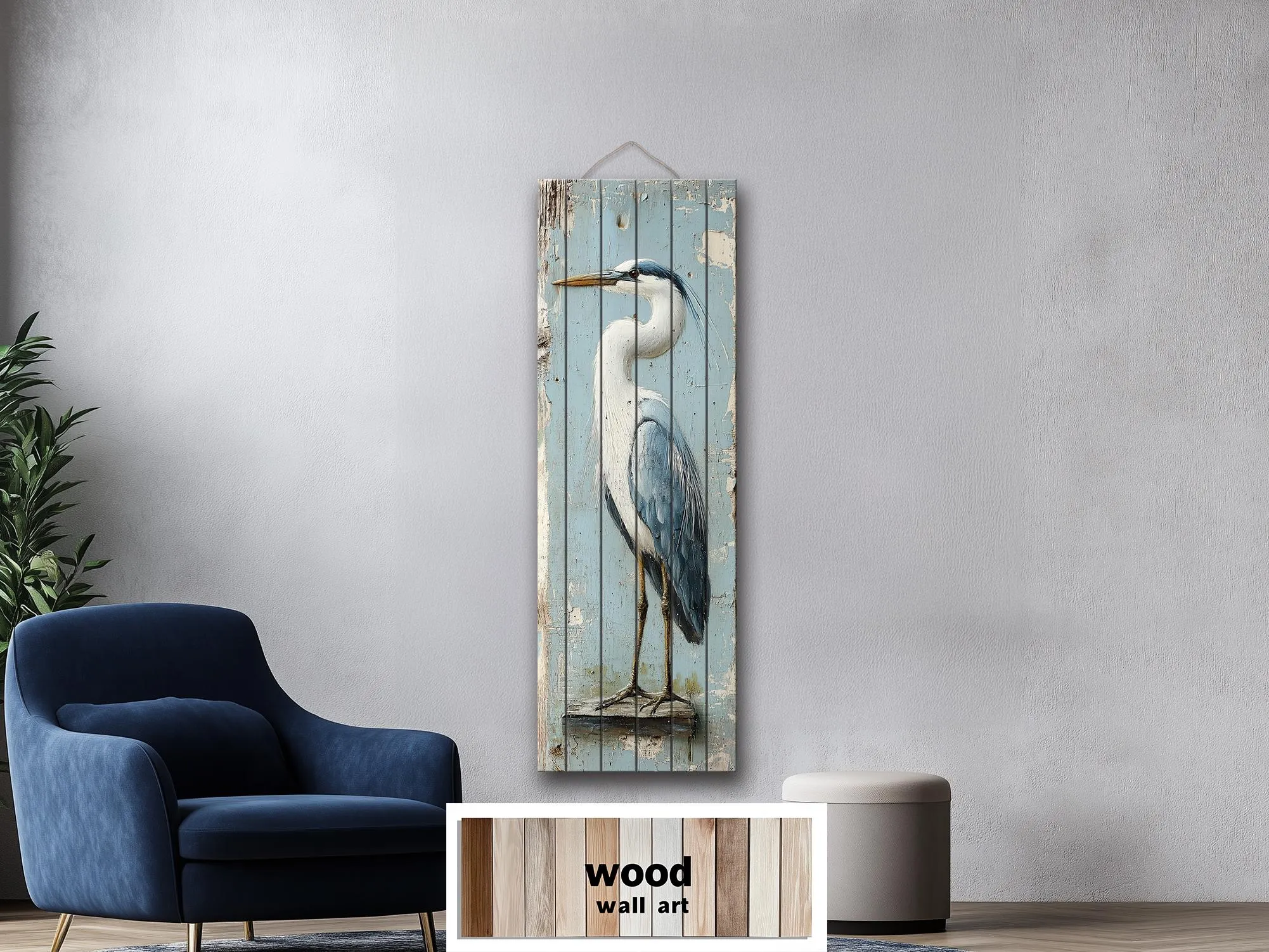Tall Narrow Blue Heron Real Wood Wall Art
