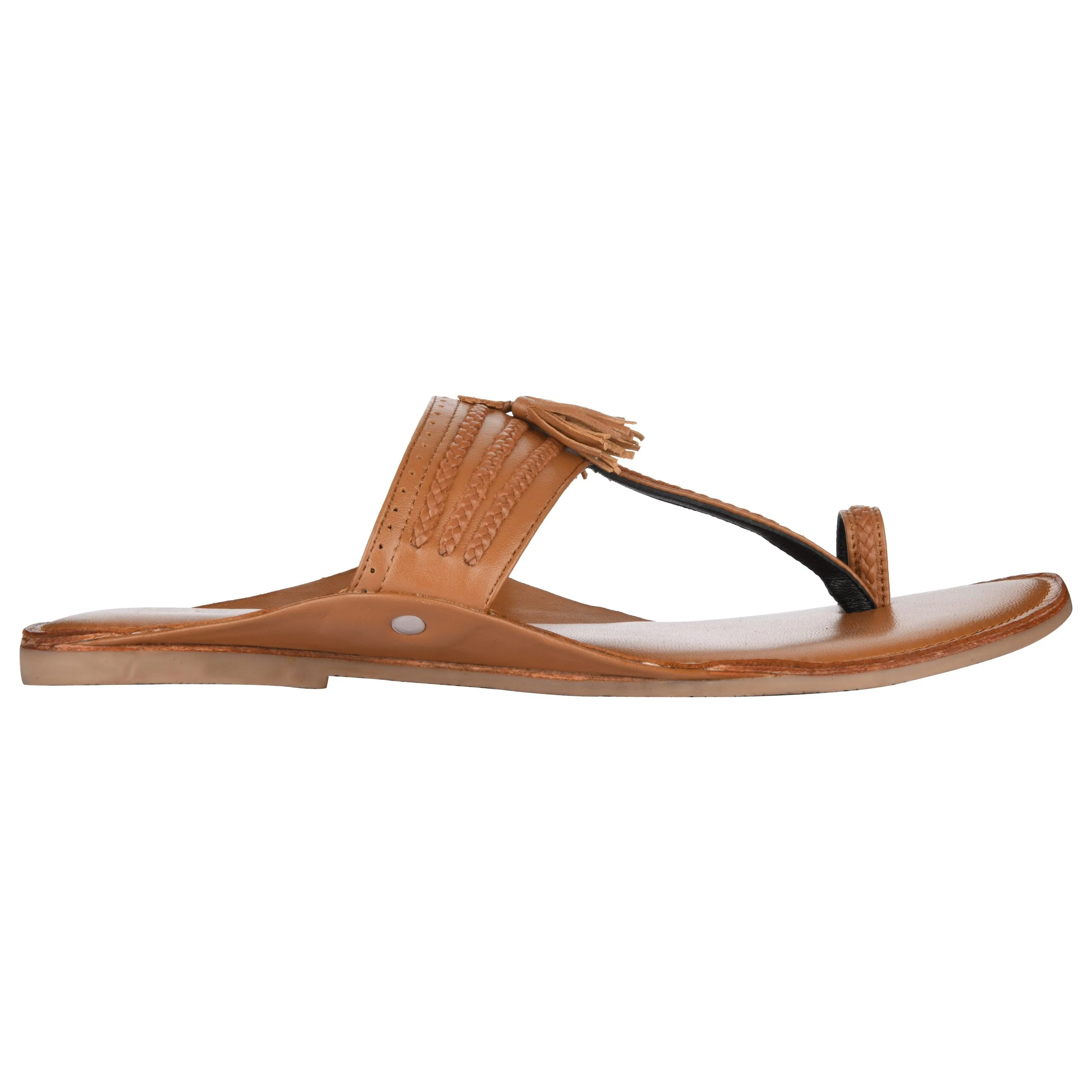 Tan Braided Kolhapuri Flat Sandals For Women