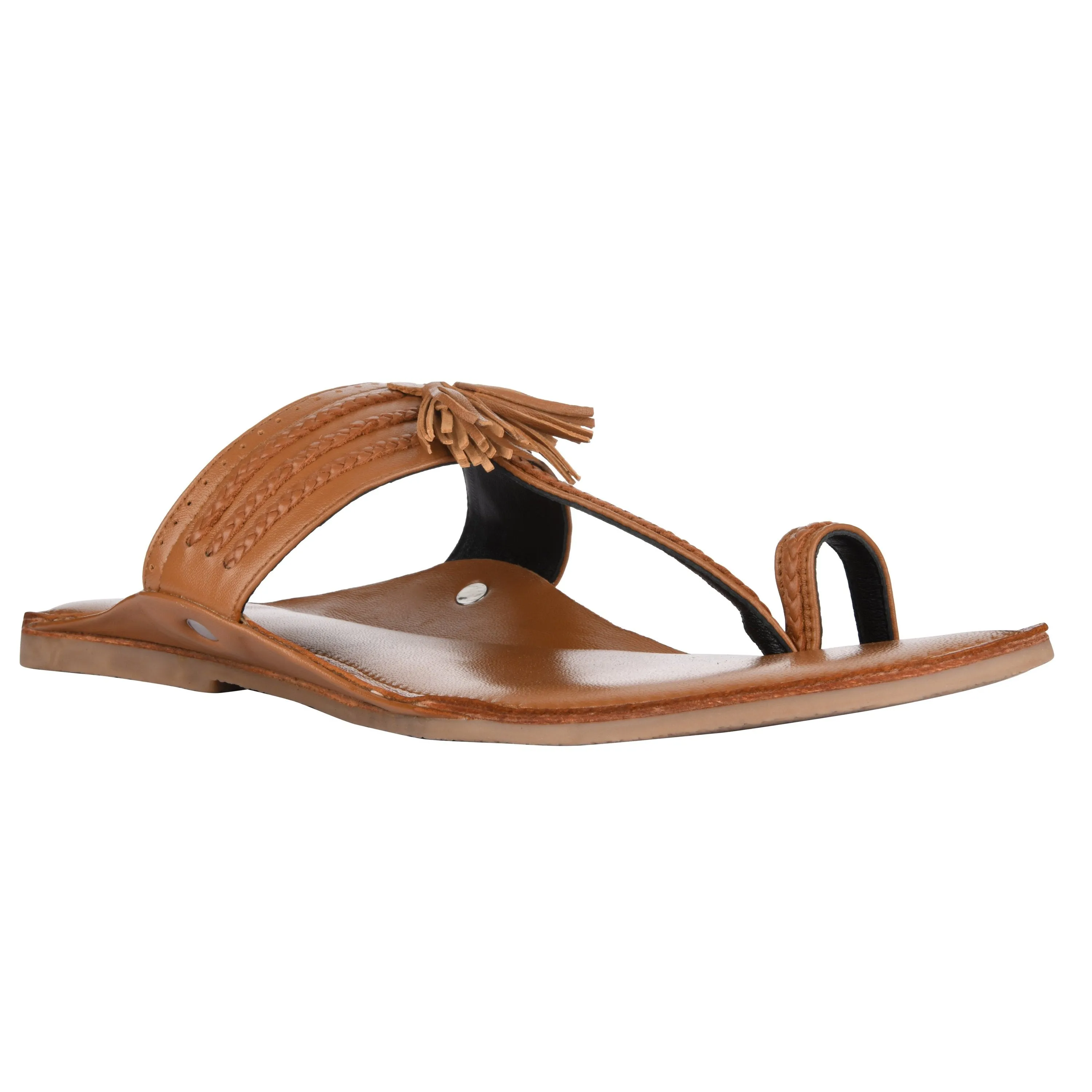 Tan Braided Kolhapuri Flat Sandals For Women