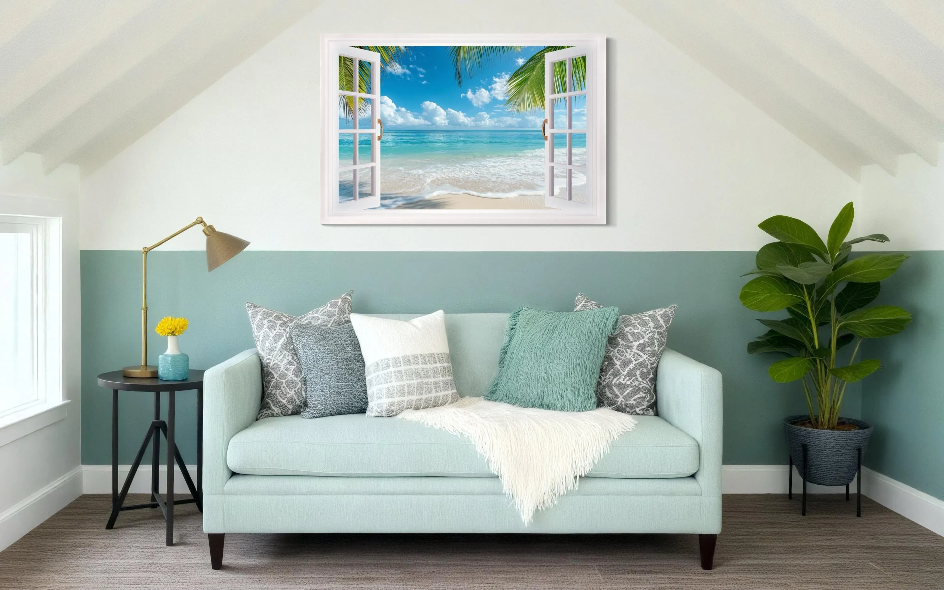 Tropical Beach Open Window View Canvas Wall Art