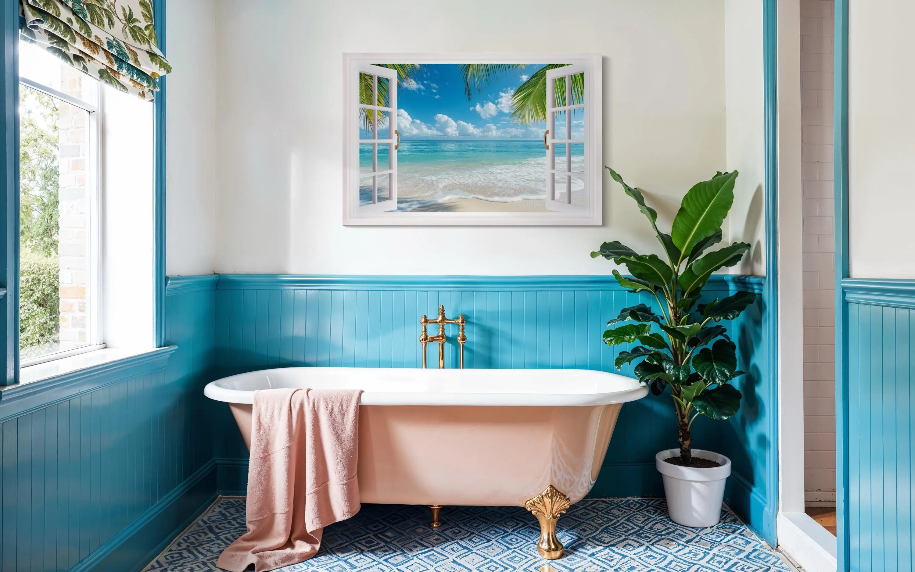 Tropical Beach Open Window View Canvas Wall Art