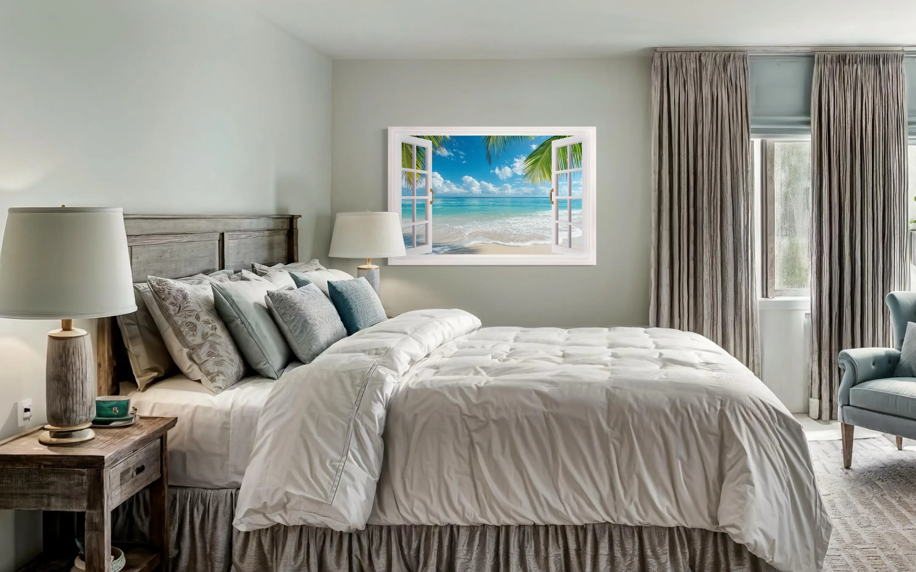 Tropical Beach Open Window View Canvas Wall Art