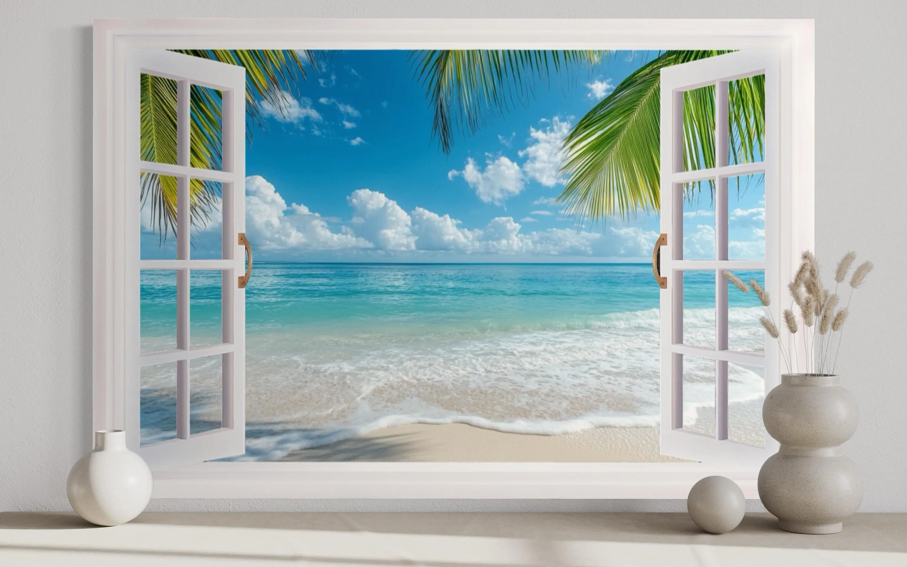 Tropical Beach Open Window View Canvas Wall Art