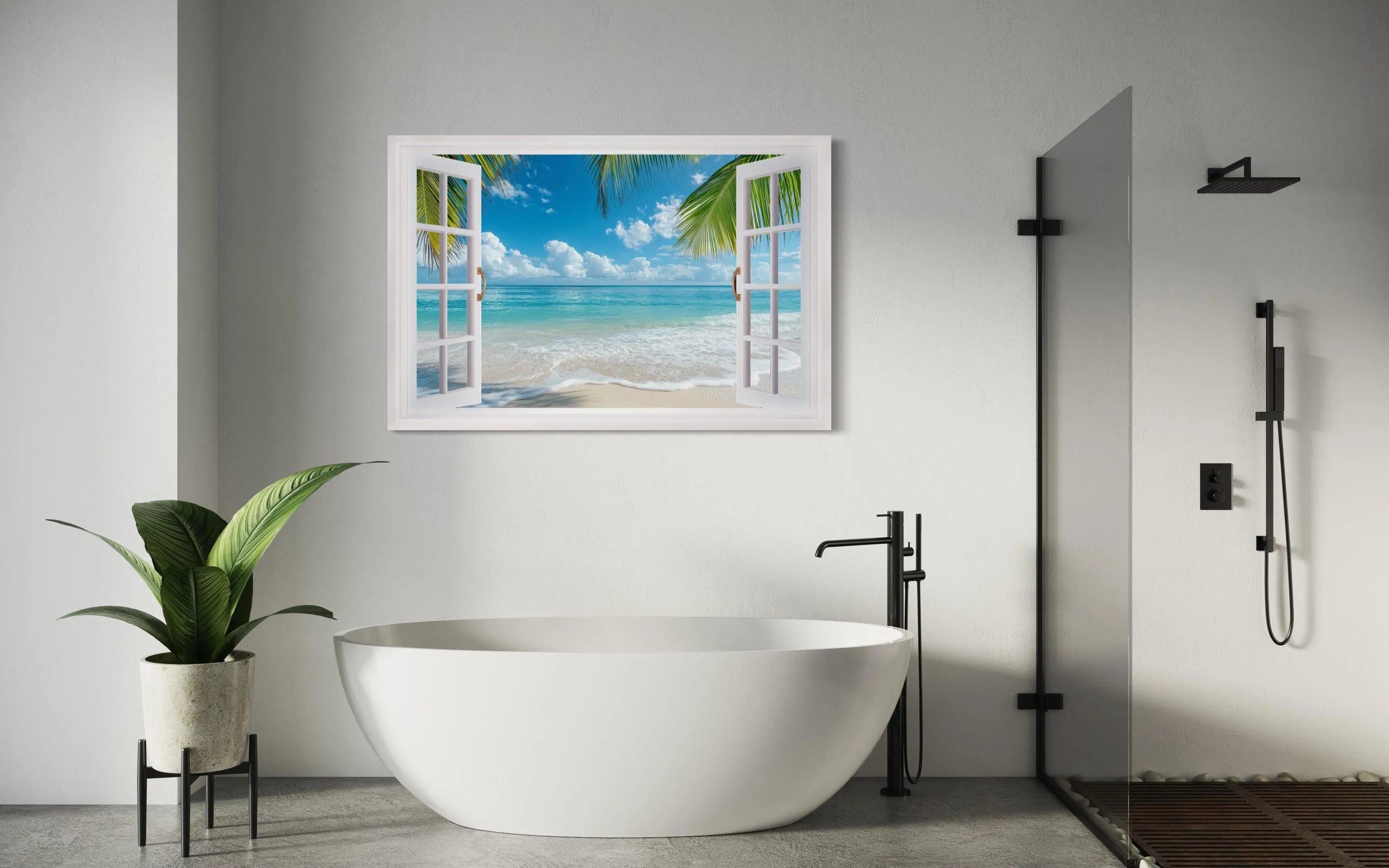 Tropical Beach Open Window View Canvas Wall Art