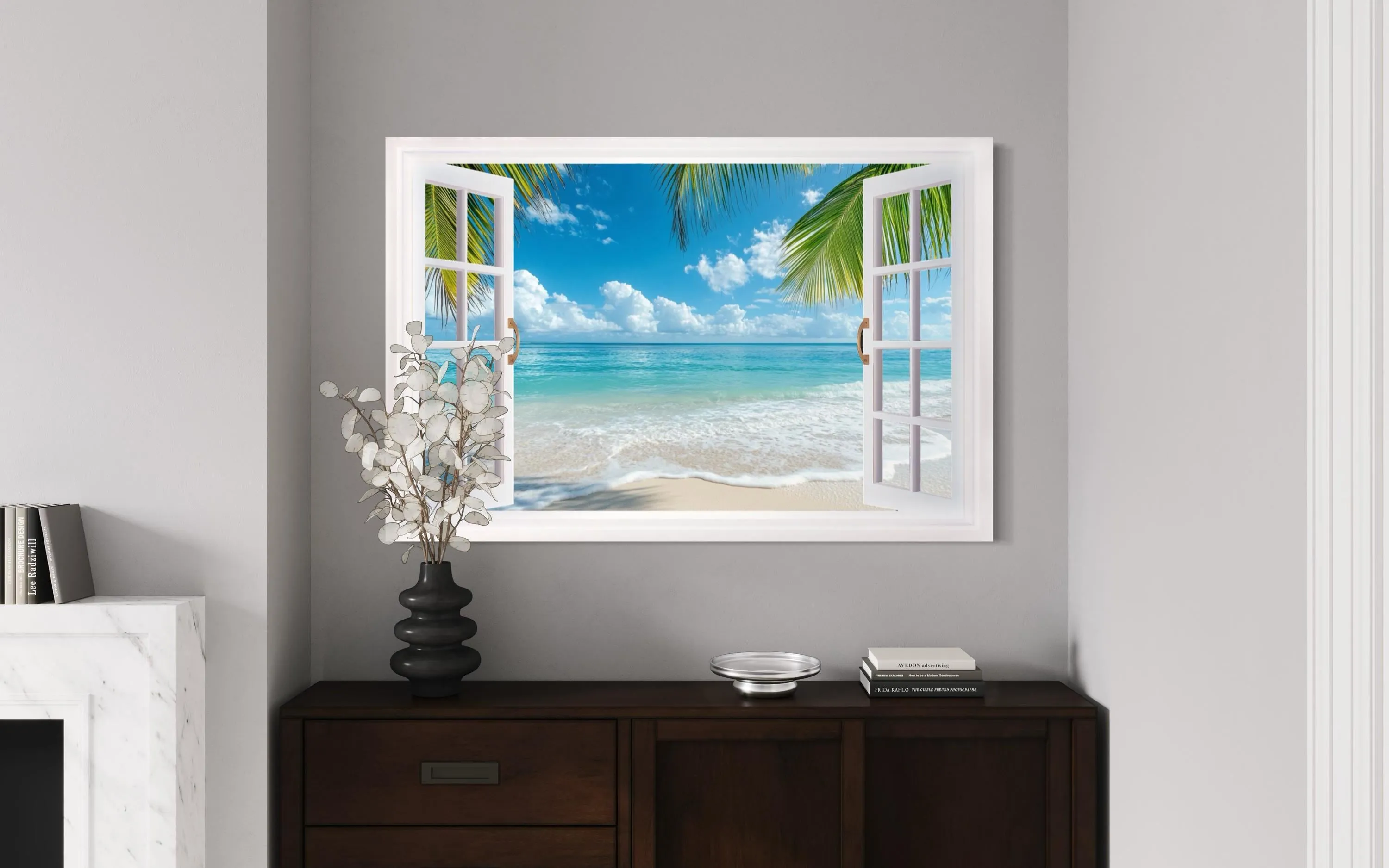 Tropical Beach Open Window View Canvas Wall Art
