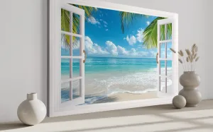 Tropical Beach Open Window View Canvas Wall Art