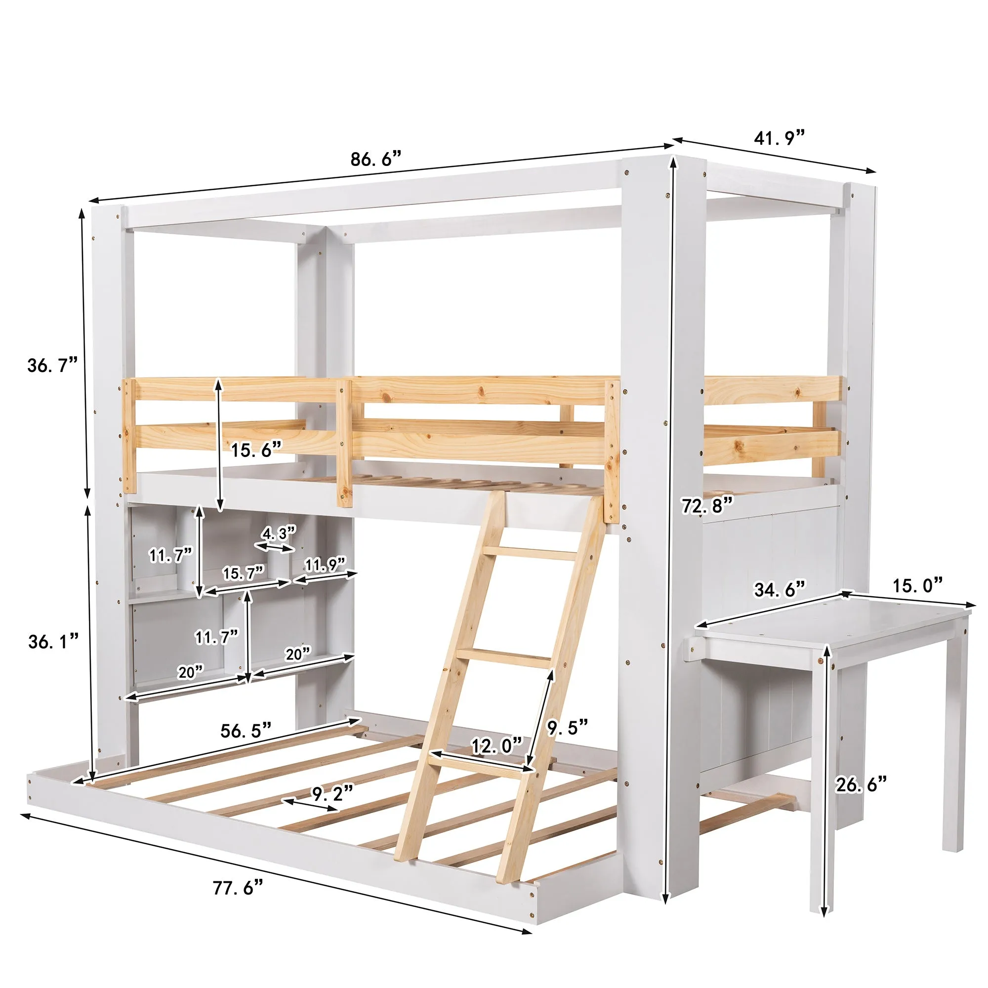 Twin Over Full Bunk Bed with Desk Storage Shelves.Reinforced Structure Bunk Beds Solid Wood Bed Frame for Kids Teens
