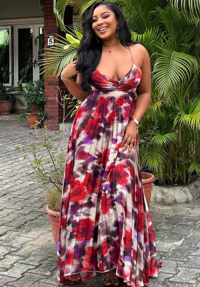 Vibrant African Print Pleated Maxi Dress with Spaghetti Straps