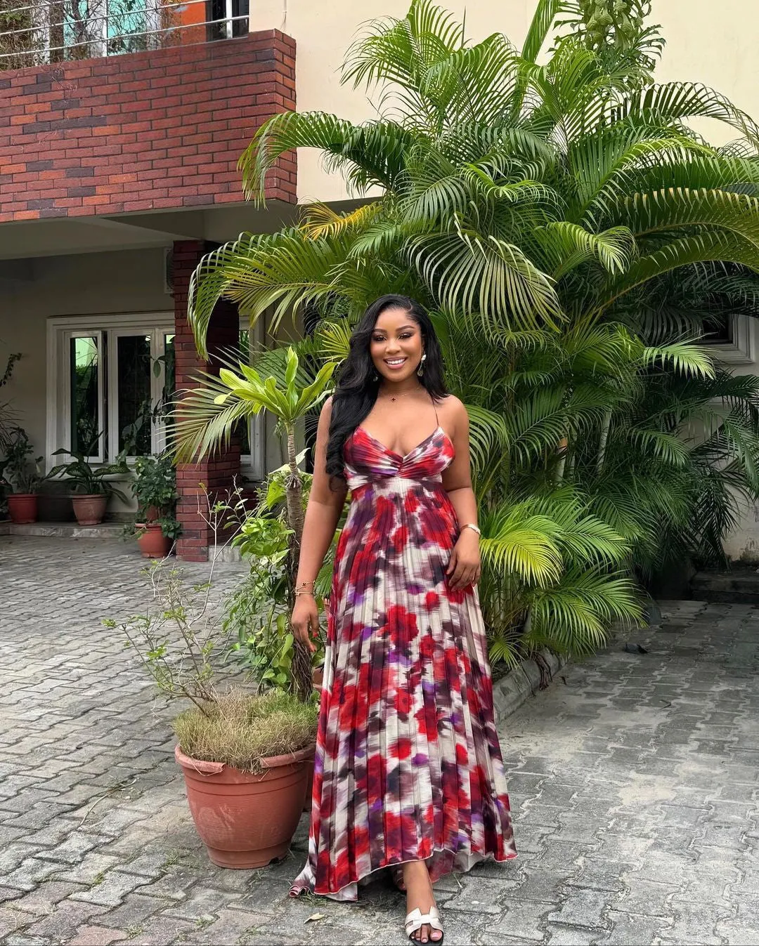 Vibrant African Print Pleated Maxi Dress with Spaghetti Straps