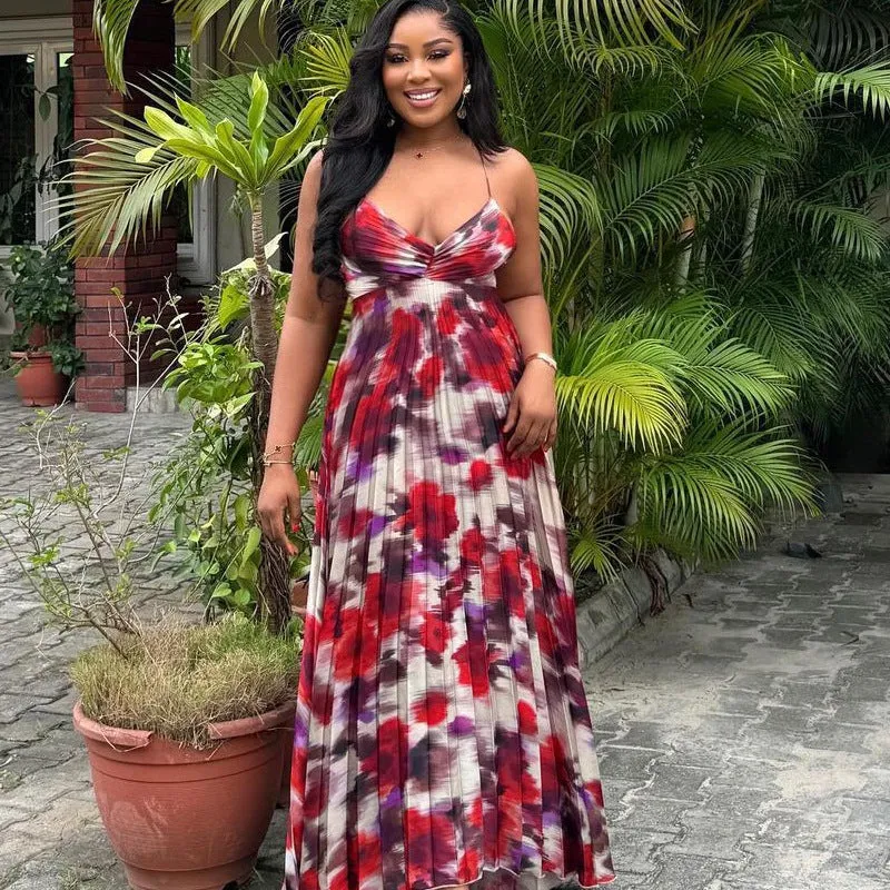 Vibrant African Print Pleated Maxi Dress with Spaghetti Straps
