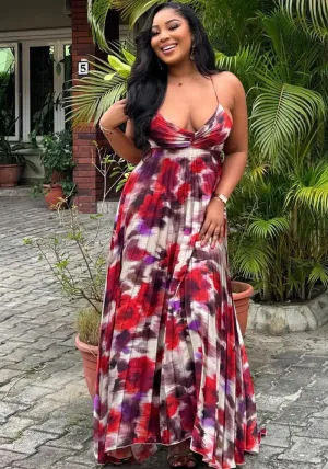 Vibrant African Print Pleated Maxi Dress with Spaghetti Straps