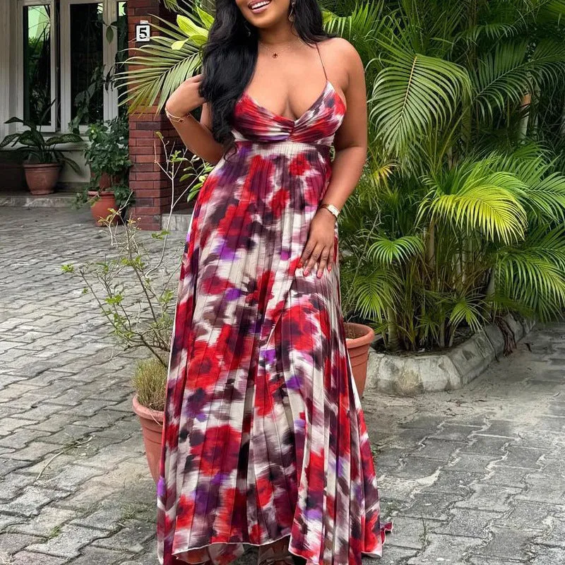 Vibrant African Print Pleated Maxi Dress with Spaghetti Straps
