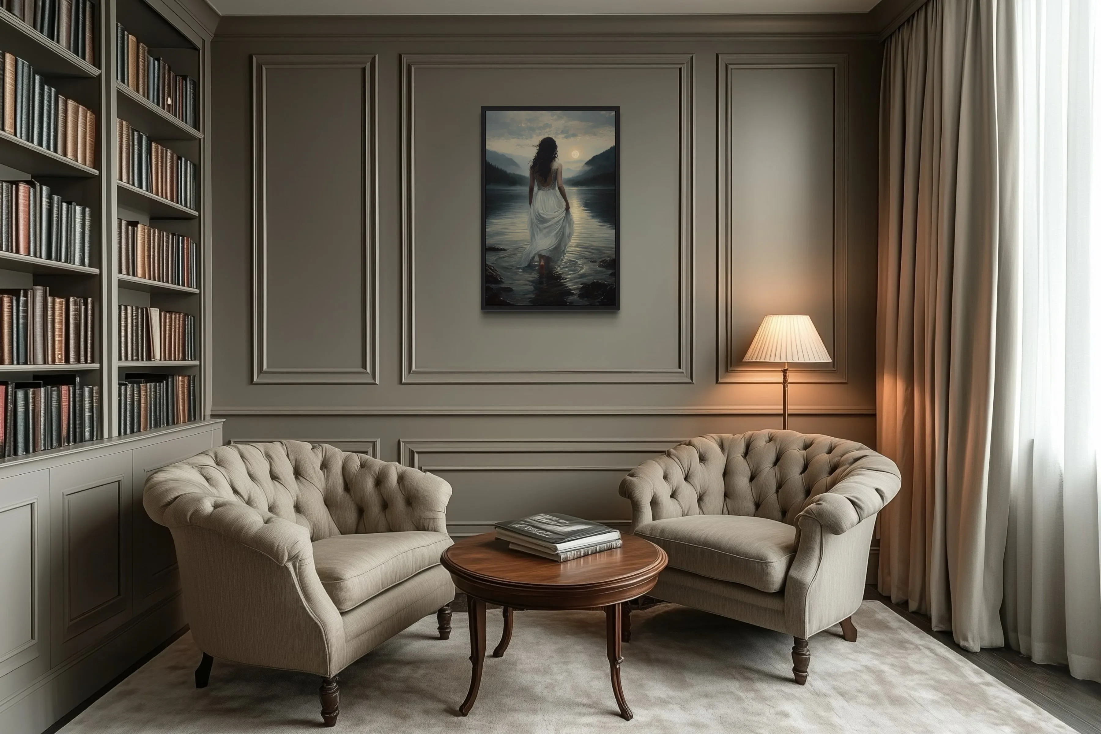 Walking Into The Lake Framed Canvas Wall Art
