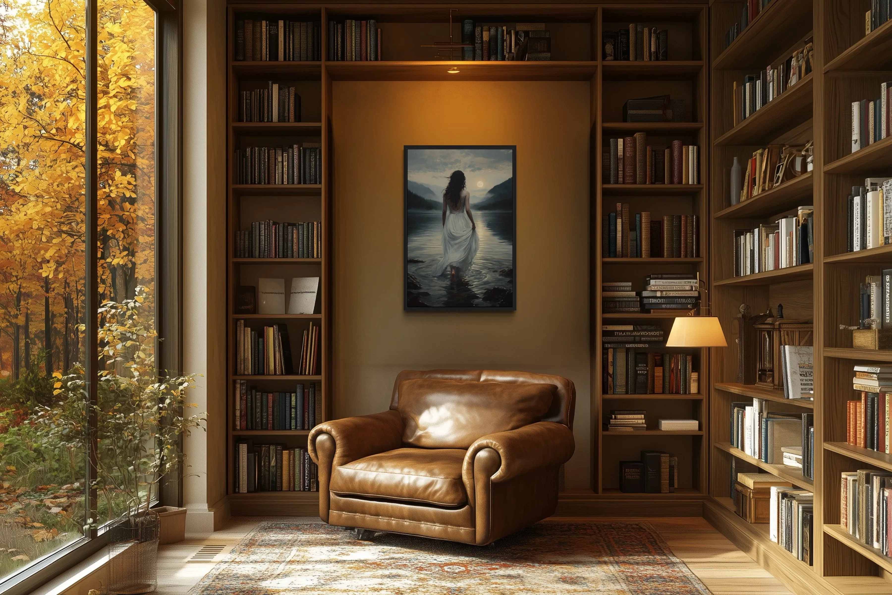Walking Into The Lake Framed Canvas Wall Art