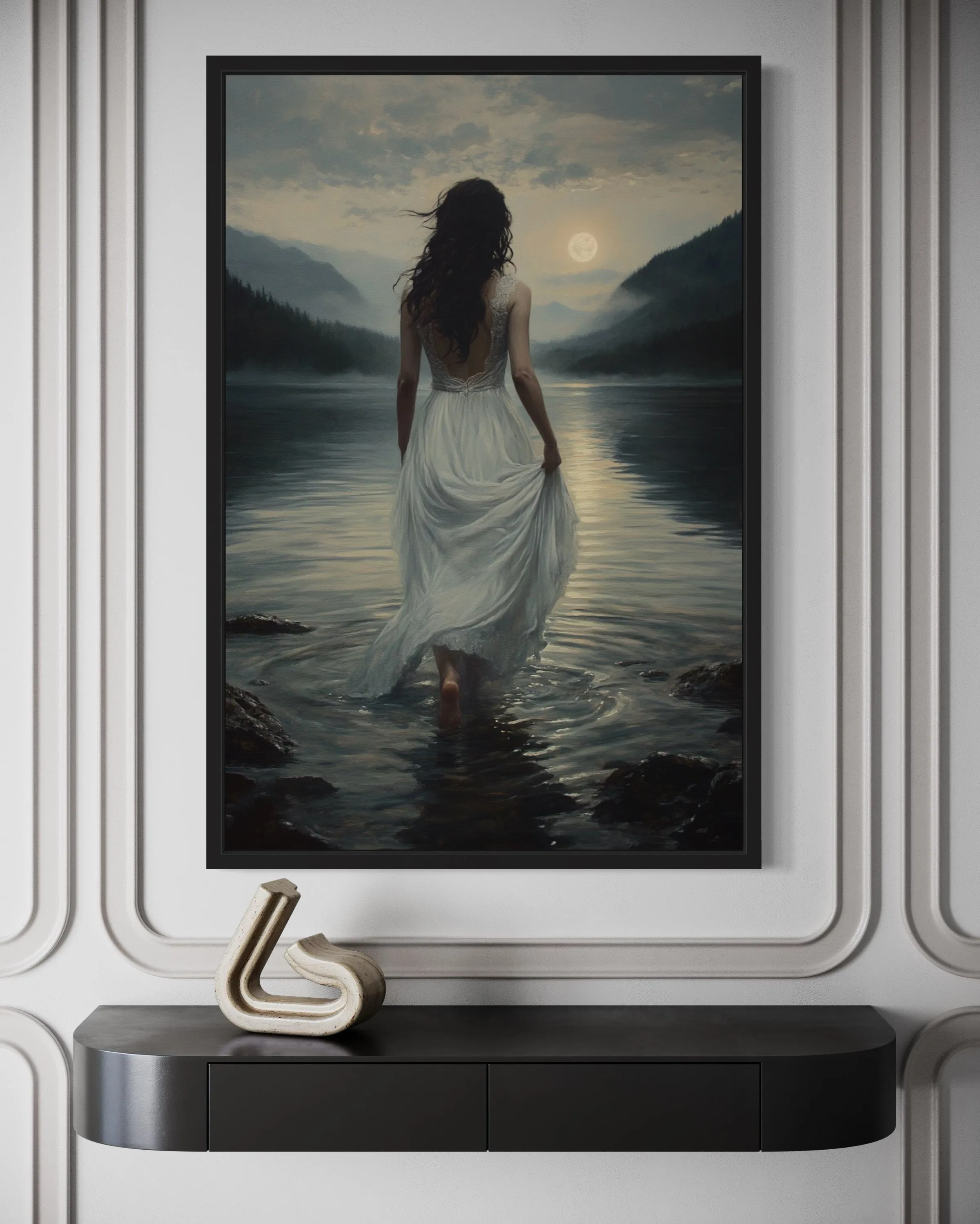 Walking Into The Lake Framed Canvas Wall Art