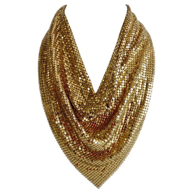 Whiting & Davis Gold Metal Mesh Bib Scarf Necklace