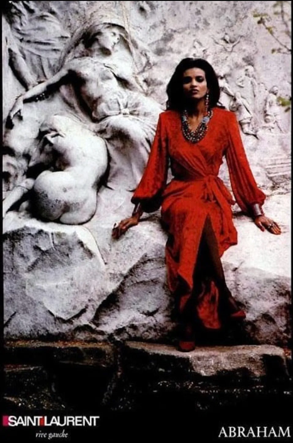 Yves Saint Laurent Fall 1985 Red Velvet Wrap Plunge Dress