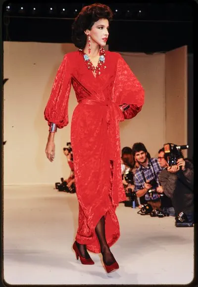 Yves Saint Laurent Fall 1985 Red Velvet Wrap Plunge Dress