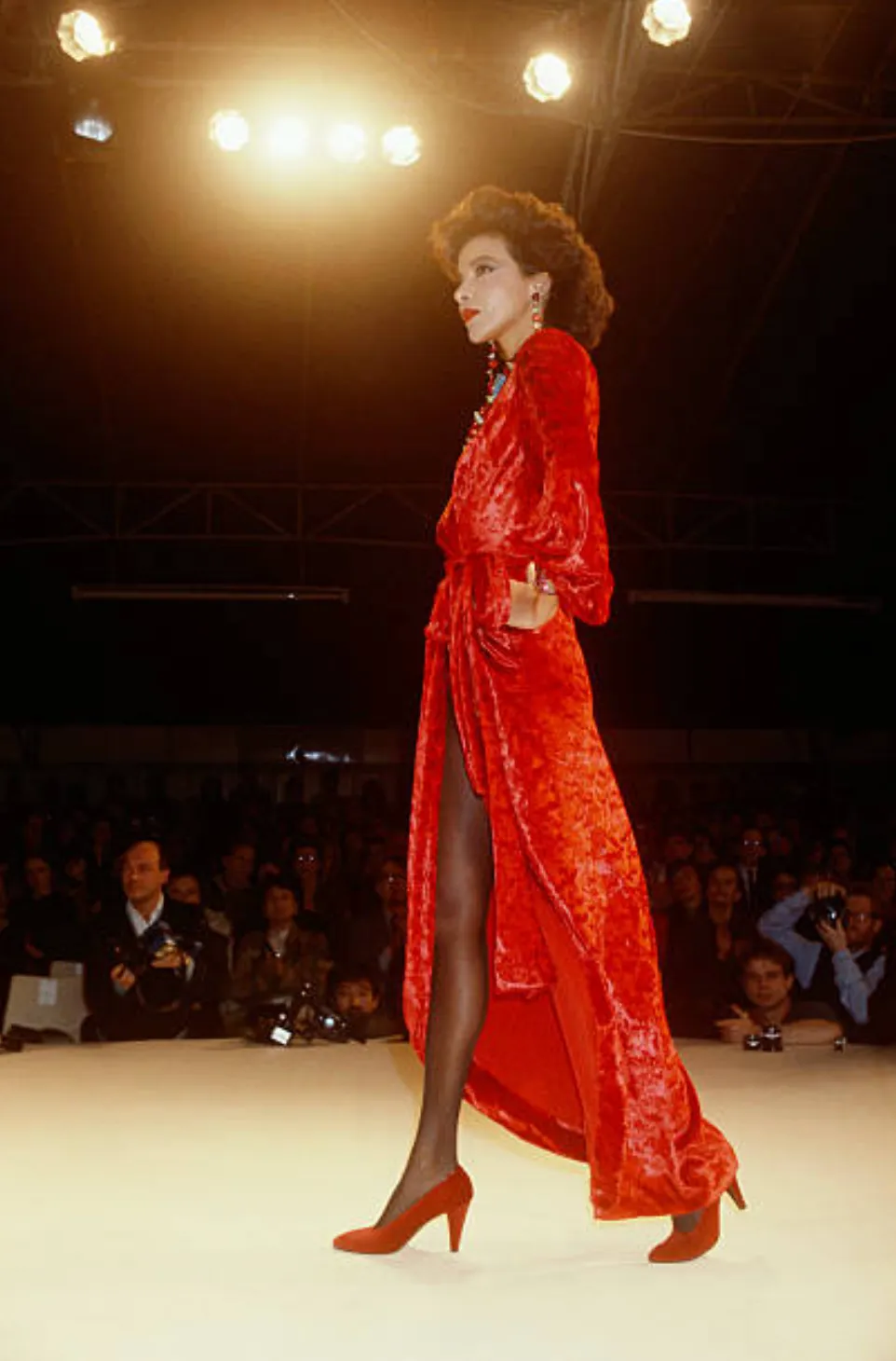Yves Saint Laurent Fall 1985 Red Velvet Wrap Plunge Dress