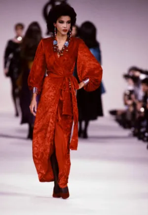 Yves Saint Laurent Fall 1985 Red Velvet Wrap Plunge Dress